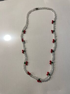 Clear Beaded Necklace with Red Cherry Accents